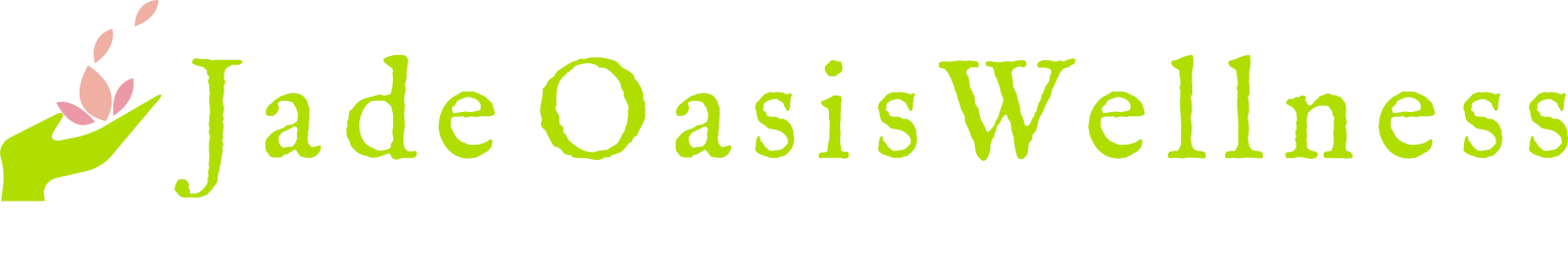 A green hand holding a pink flower with the text "Jade Oasis Wellness" in green and "Reduce Stress Regain Focus" in white below it.