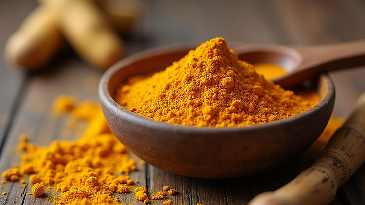 Close-up view of turmeric powder in a bowl with a wooden spoon