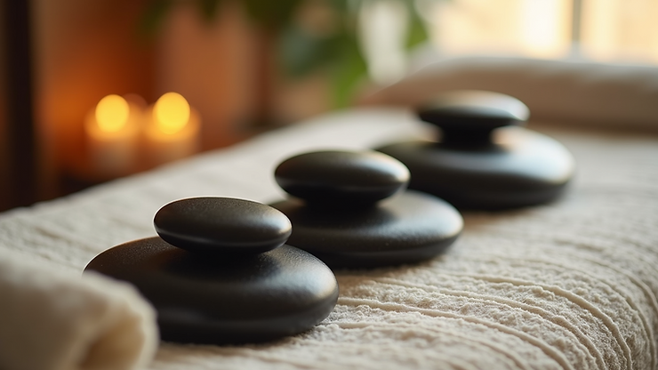 Close-up of hot stones arranged on a massage table