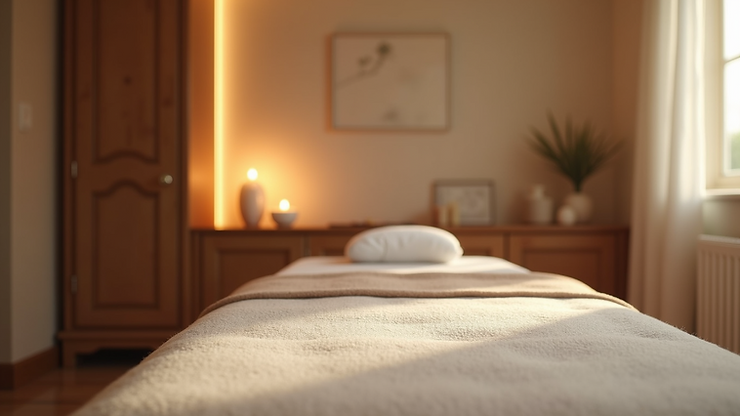Eye-level view of a massage room with calming decor and soft lighting