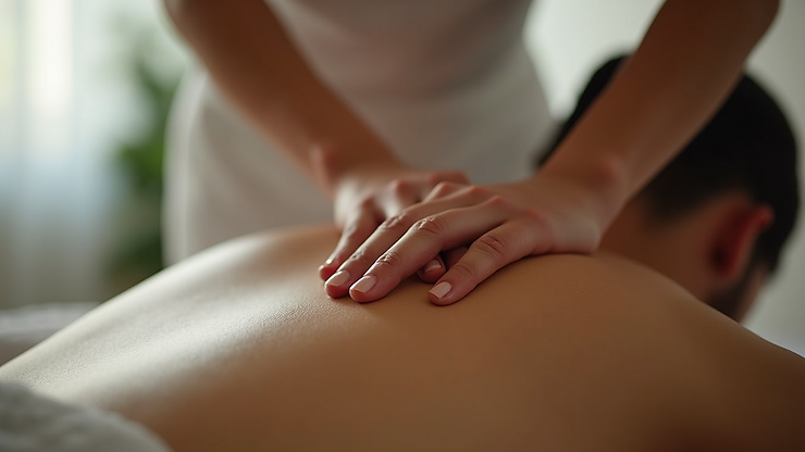 A close-up of a person receiving a back massage, with a massage therapist's hands pressing gently on their upper back in a softly lit, relaxing environment.