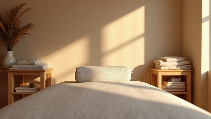 Eye-level view of a peaceful massage room with soft lighting and calming decor
