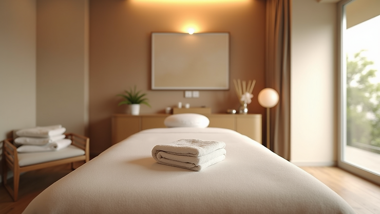 A neatly folded towel sits on a massage table in a serene, softly lit spa room with beige walls, minimalist decor, a potted plant, and a large window letting in natural light.