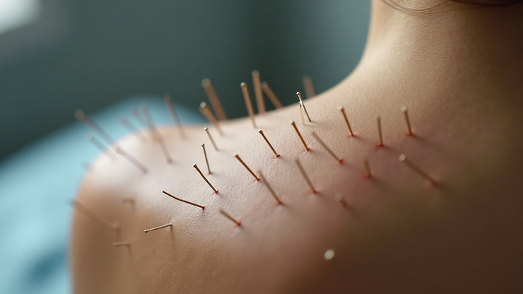 Close-up of a person's bare upper back and shoulder with multiple thin acupuncture needles inserted into the skin during an acupuncture treatment session. The background is softly blurred.