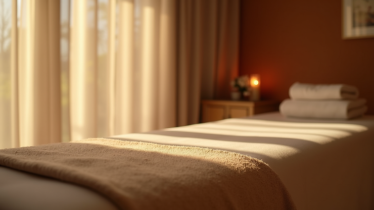 Eye-level view of massage table with soft lighting in a spa room
