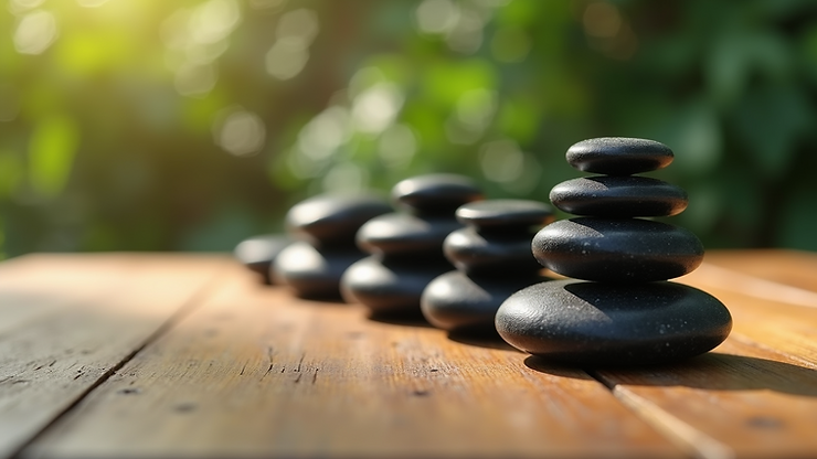 Eye-level view of massage stones arranged on a wooden table