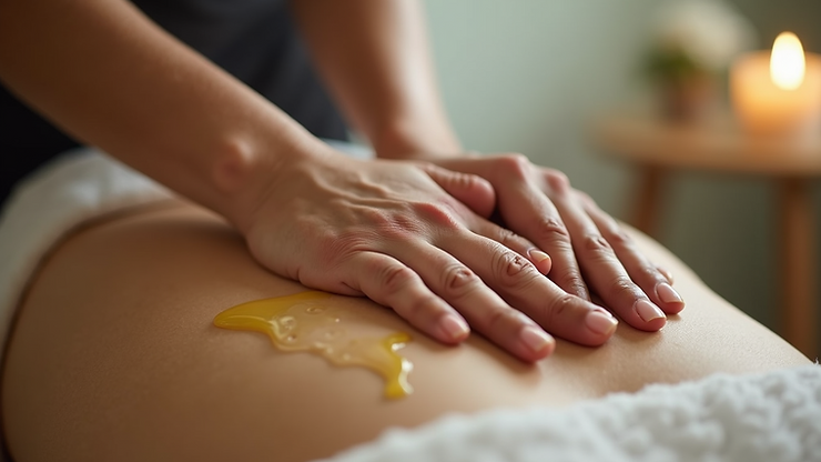 Close-up of hands giving a back massage with oil, on a person lying face down. A lit candle and blurred decor are visible in the background, suggesting a relaxing spa setting.