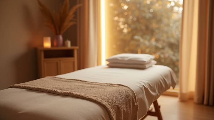 Eye-level view of a massage room with a neatly arranged massage table and soft lighting