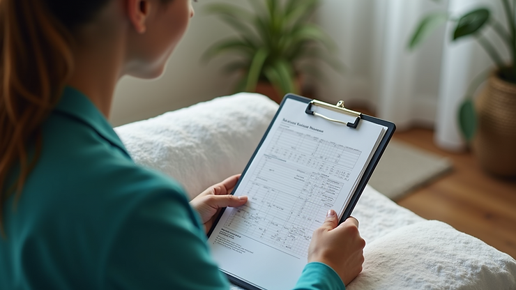 High angle view of a massage therapist reviewing client health information