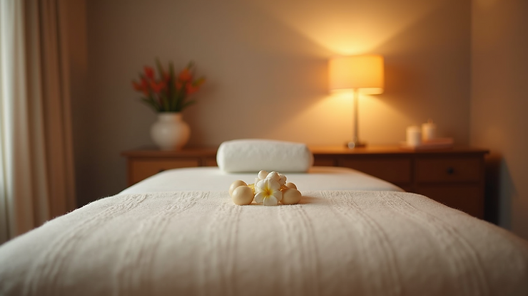 Eye-level view of a massage table with soft lighting in a cozy room