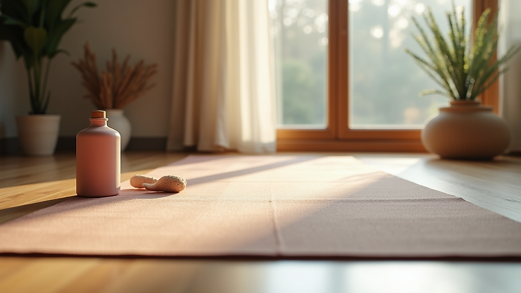 High angle view of a yoga mat and props in a calm room