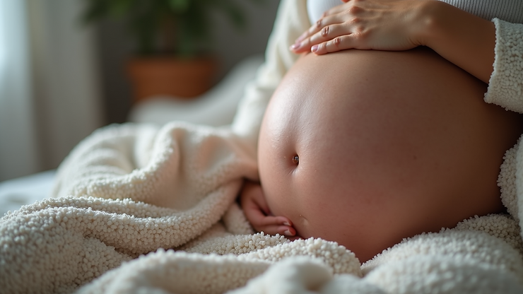 A close-up of a pregnant person wrapped in a soft, cream-colored blanket, with one hand resting on top of their bare belly and the other gently touching the underside, in a cozy, softly lit room.