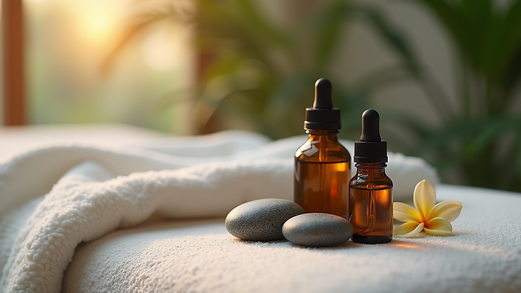Two amber dropper bottles, smooth gray stones, and a yellow plumeria flower rest on a soft white towel with blurred green plants and sunlight in the background, evoking a serene spa atmosphere.