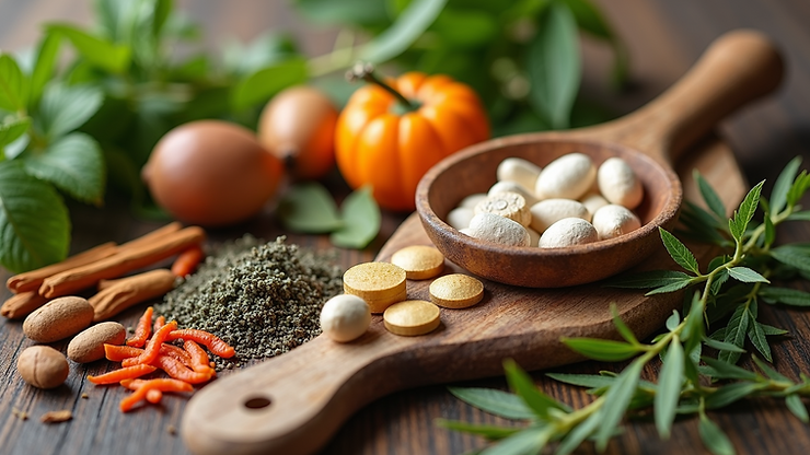 A wooden board displays assorted herbs, spices, small pumpkins, fresh leaves, red chili slices, cinnamon sticks, round tablets, and white capsules, creating a vibrant and natural arrangement.