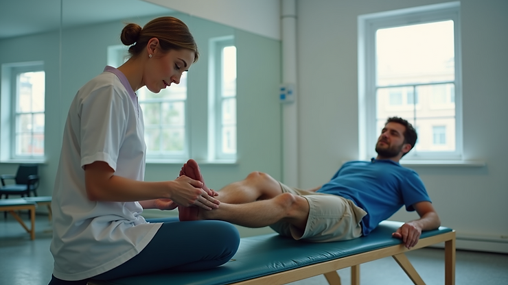 Eye-level view of a physical therapist assisting a patient with leg exercises