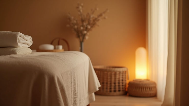 Eye-level view of a cozy massage room with soft lighting and a massage table