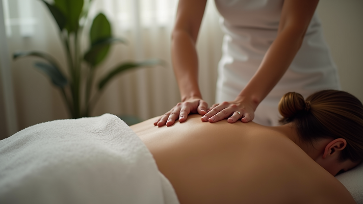 A person receiving a back massage from a massage therapist in a calm, softly lit room with a potted plant in the background. The recipient is lying face down, covered with a white towel.