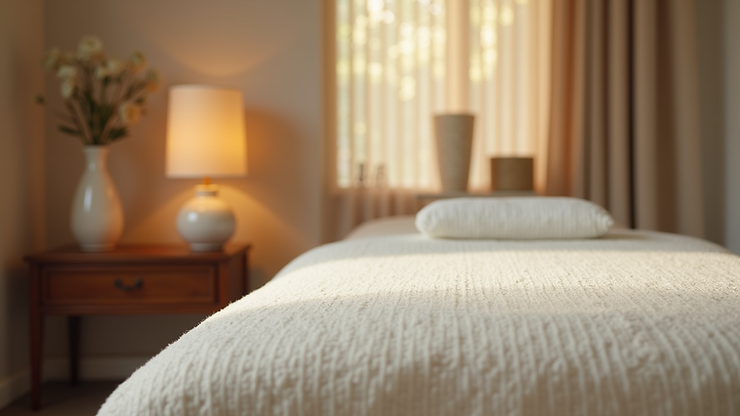 Eye-level view of a serene acupuncture treatment room