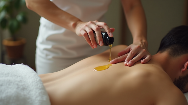 A person pours massage oil onto another person's bare back while preparing for a massage in a calm, softly lit room.