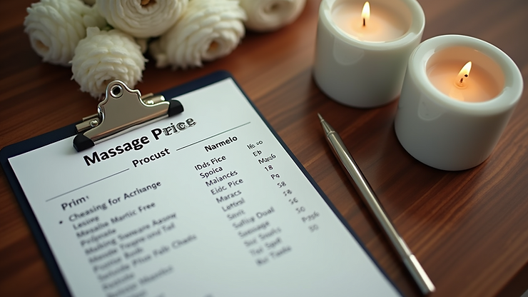 High angle view of a price list for massage services on a clipboard