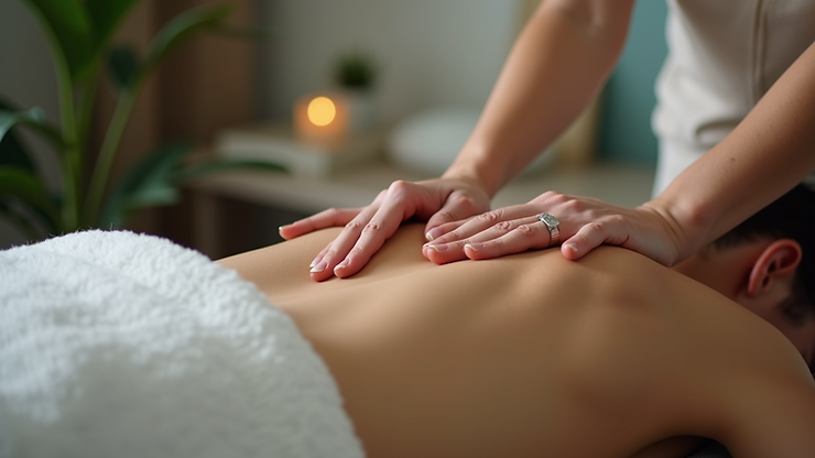 A person receives a relaxing back massage in a calm, softly lit room with a white towel covering their lower body and a candle and plant in the background.