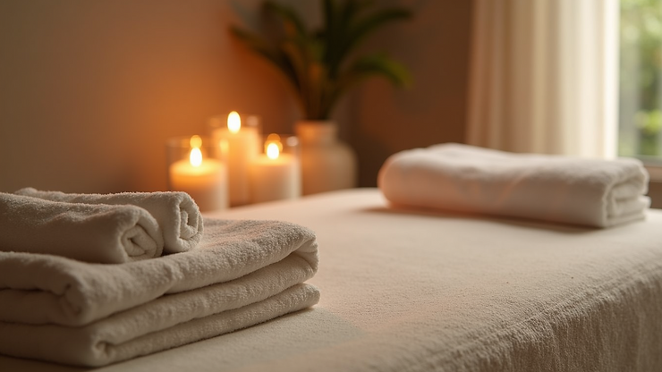 High angle view of a peaceful spa room with candles and soft towels