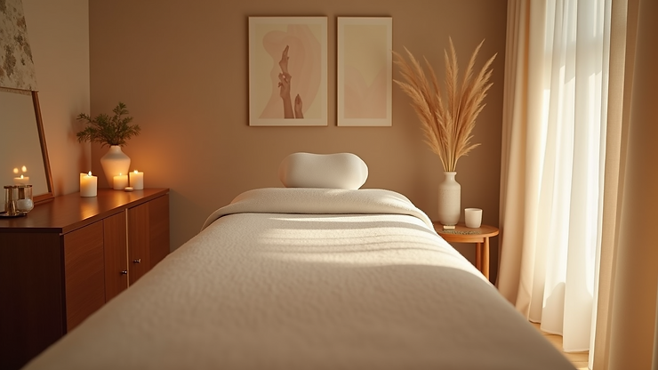 Eye-level view of a massage room with calming decor and a massage table