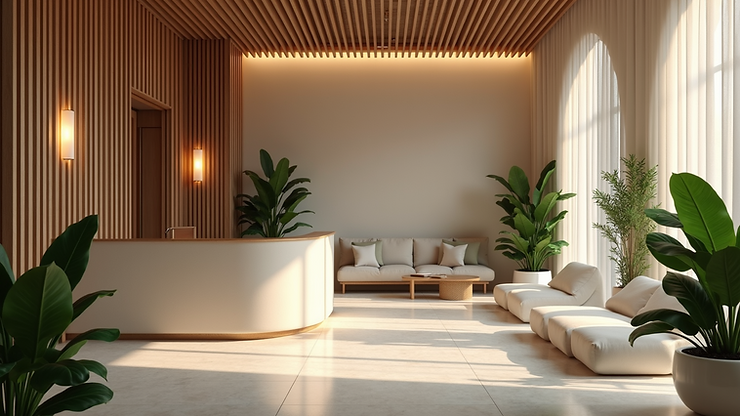 High angle view of a peaceful spa reception area with plants and soft lighting