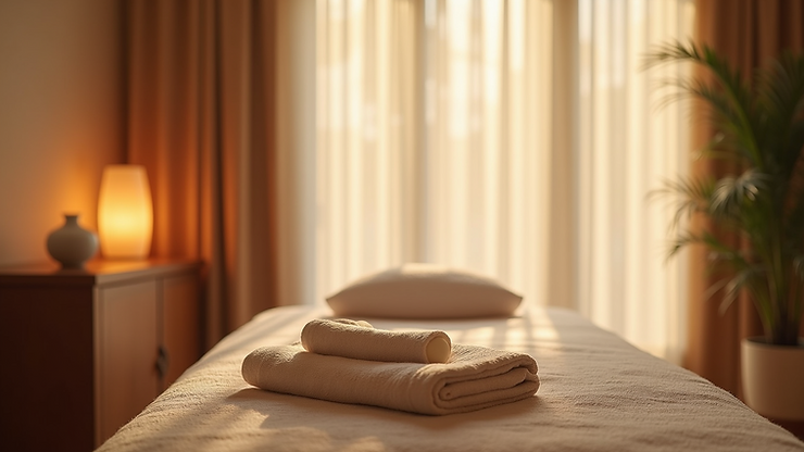 Eye-level view of a tranquil massage room with soothing decor
